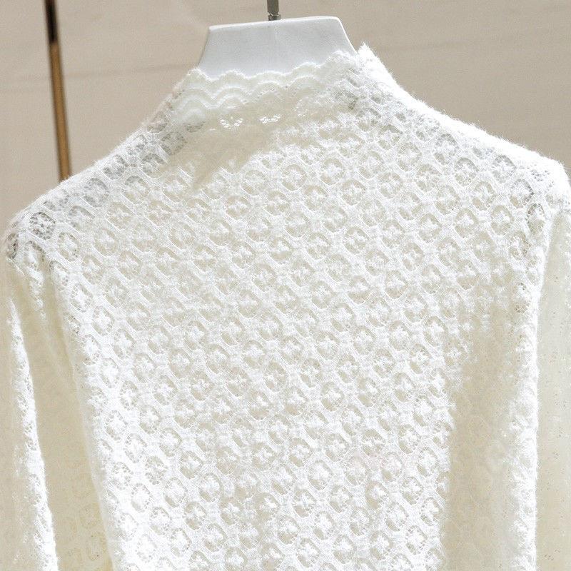 Tenká krajková košile s polovysokým výstřihem Krajka Spodní část Dámské Jarní Nový styl Topy s dlouhým rukávem