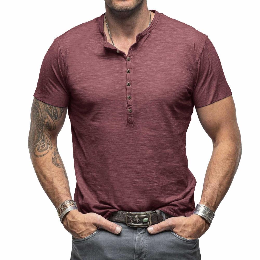 Summer Men’s Casual Tops: Classic Men’s Henley-style Short-sleeved T-shirt with A Stand-up Collar