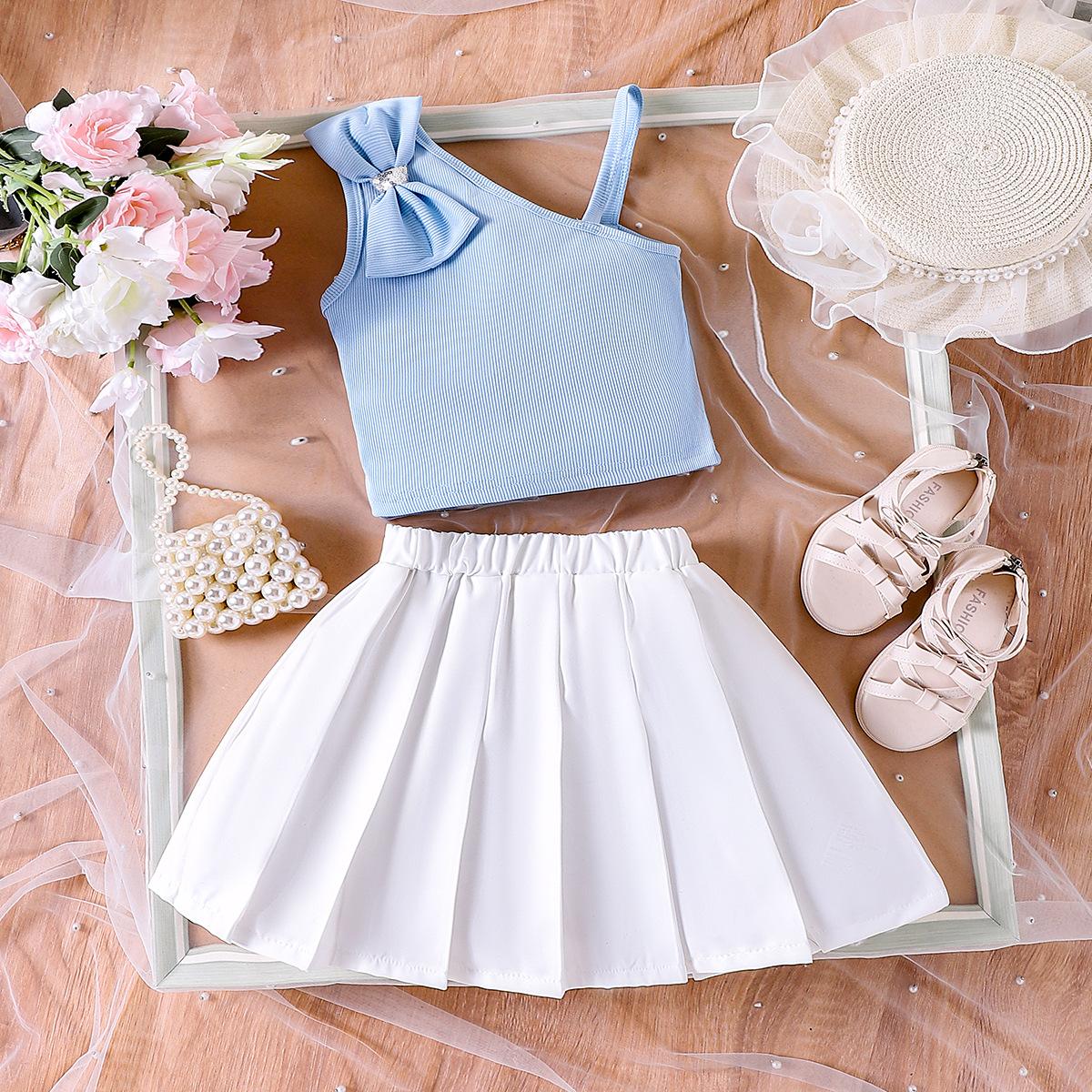 

Повседневный костюм для девочек Летний детский модный топ с бантом и белая плиссированная юбка костюм 7Y синий