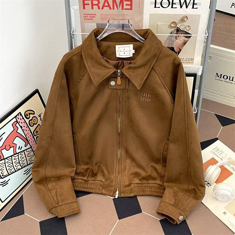 Koreanska Szykowana Damska Krótka Kurtka Baseballowa z Zamszu z Haftowanymi Literami