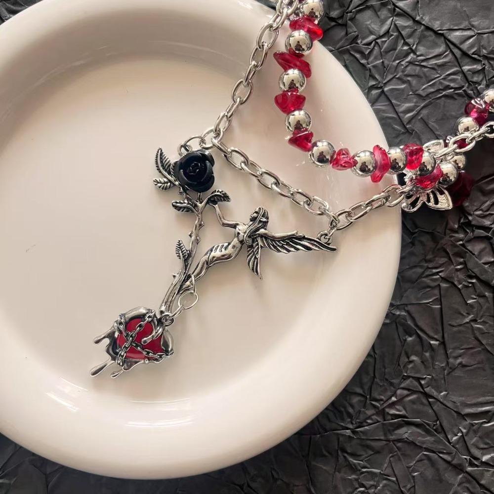 Heart Pendant Crystal Beads Necklace Angle Clavicle Chain Choker Gothic Multilayer Necklace  Gifts