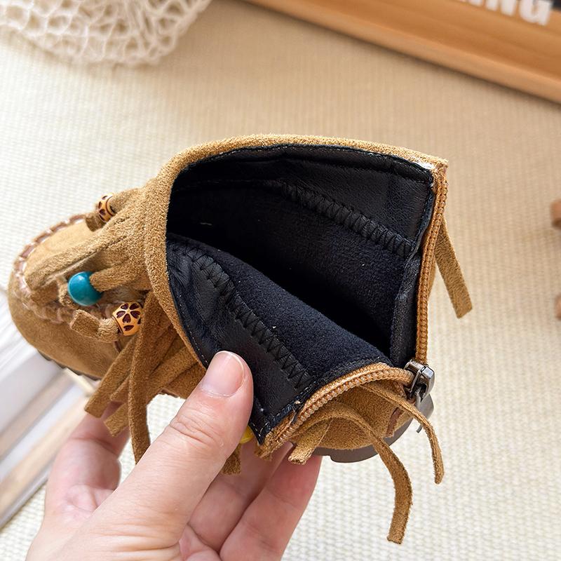 Vintage Velvet Princess Short Boots for Student Bohemia Style Hanging Beads Winter Suede Shoes Fringe Girl's Boots Tassel I09201