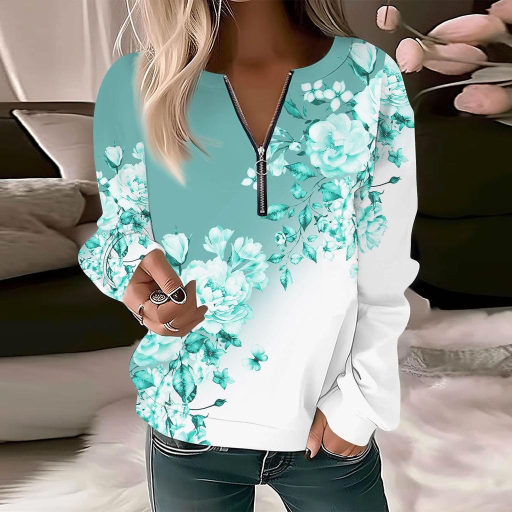 Women Sweatshirt Pullover Basic Quarter Zipper Long Sleeve Print Flowers Hoodie Casual Top