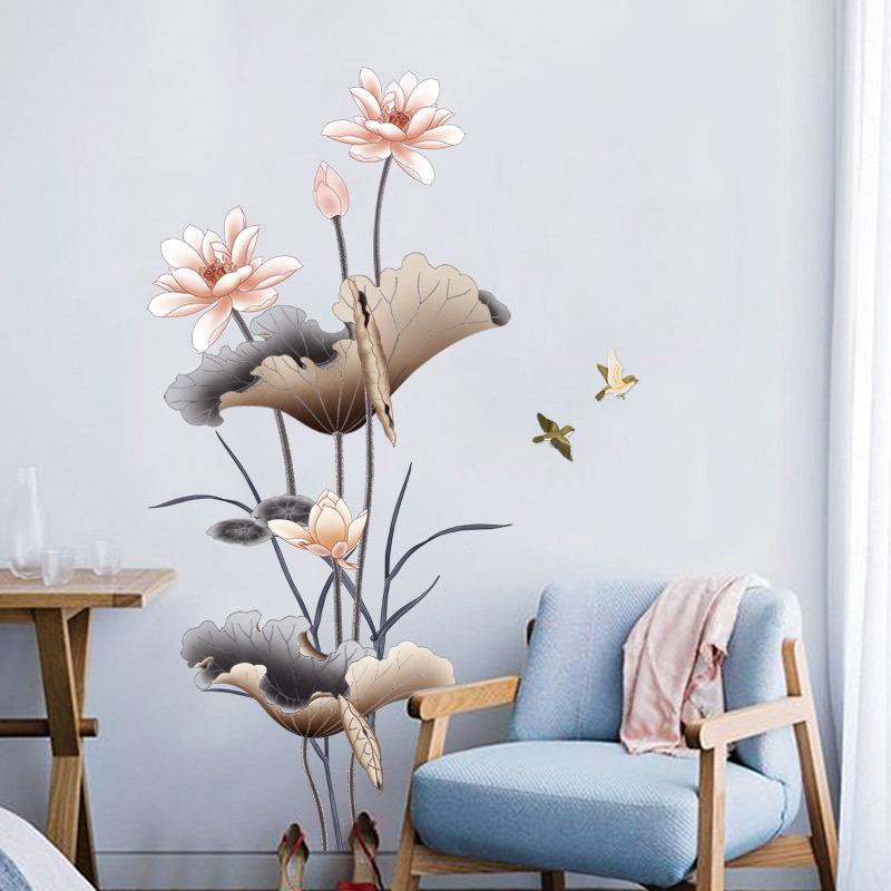 Chinese Style Lotus Flower Self Adhesive Wallpaper for Living Room Sofa Background Wall Decoration Sticker Mural