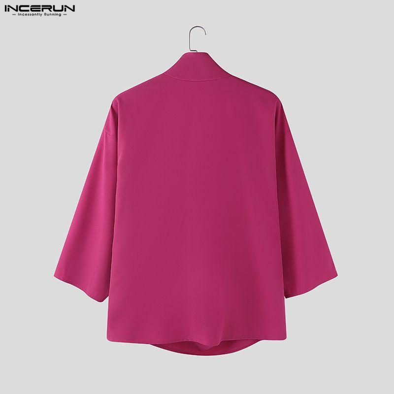 INCERUN Oversized Summer Men Swing Neck 3/4 Sleeve Casual Ruffled T-shirts Tee Tops