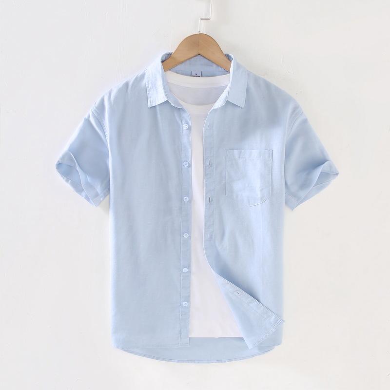 Men's Summer Cotton Linen Pocket Cardigan Square Collar Short Sleeve Casual Shirt