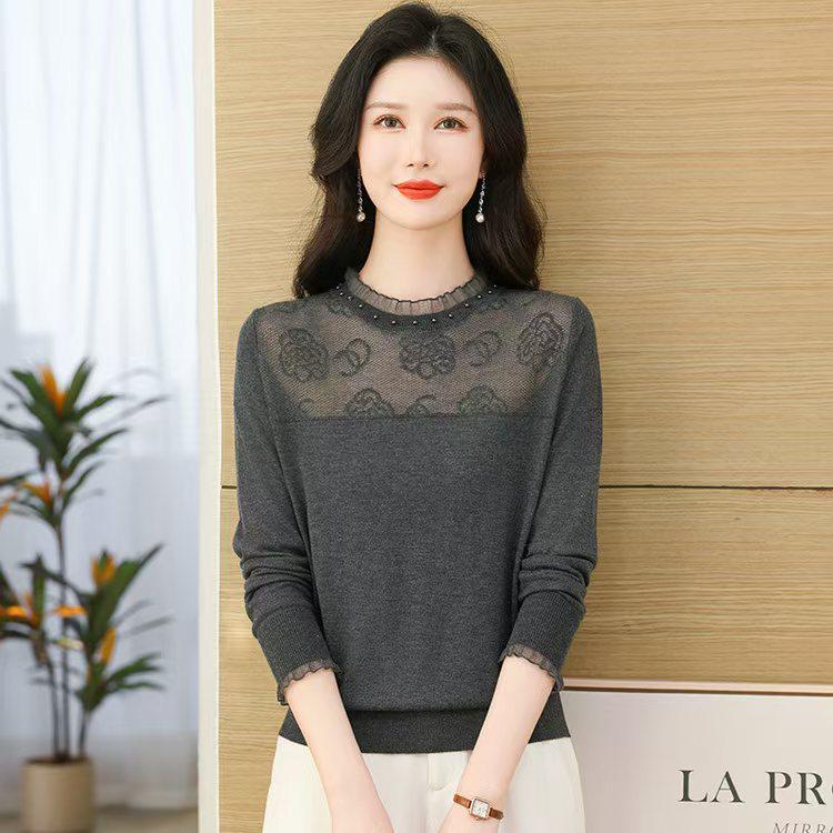 Damen Merino-Wolle Basisschicht mit Spitze und Lochmuster - Altersreduzierender Rundhals-Pullover für Herbst/Winter