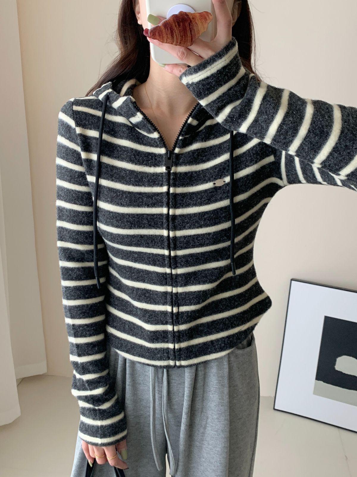 Women s Autumn Slim Fit Striped Hooded Jacket - Petite Long Sleeve Versatile Outerwear XL