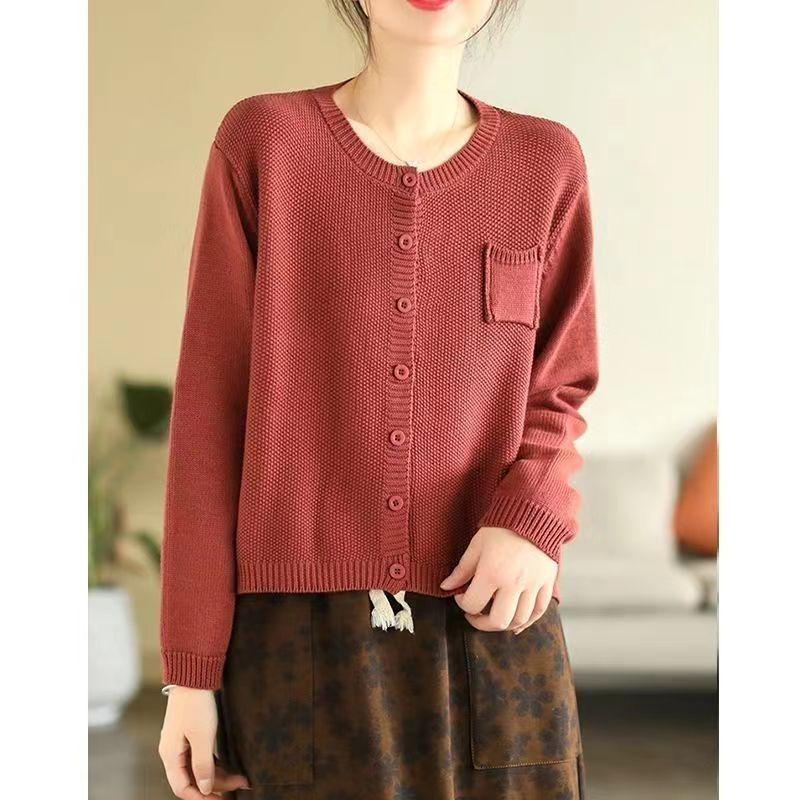 Women's Retro Knit Cotton Cardigan: Round Neck, Long Sleeve, Autumn Casual Short Sweater.