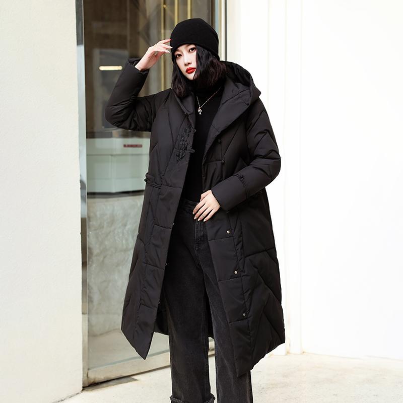 Women Autumn Winter Hooded Neck Long Sleeve Solid Color Single Breasted Knot Loose Warm Long Coat