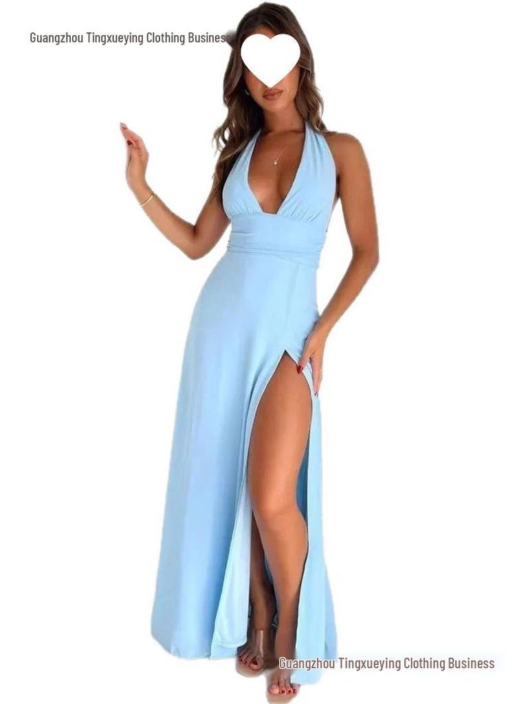 Jarní příchod: Elegantní evropské a americké dámské maxi šaty s halter výstřihem do V a rozparkem