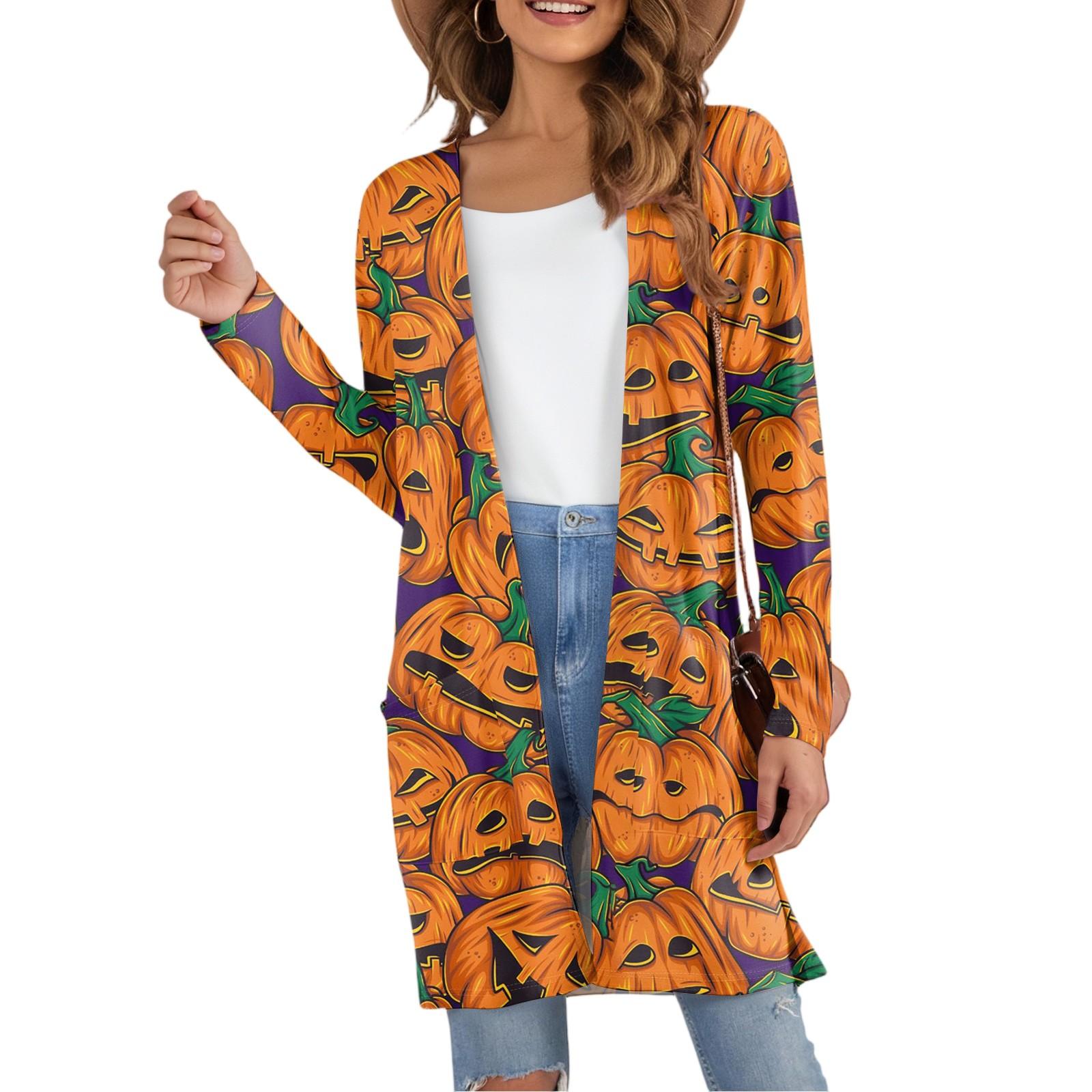Women s Fashion Casual Comfortable Halloween Printed Mid-Length Cardigan With Pockets Jacket L золотой