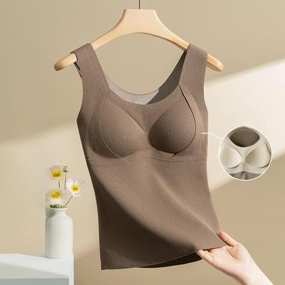 Womens Seamless Braless Thermal Vest Built In Bra Fleece Lined Winter Layering Top