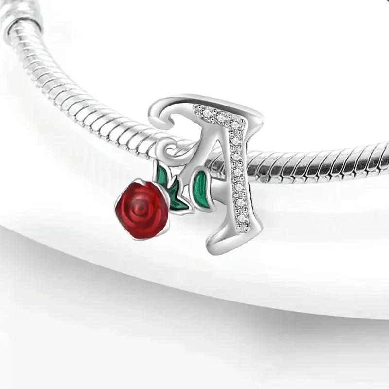 Copper 26 Letter A-Z Red Rose Charms Luminous Bead Fits Genuine Bracelets Do-It-Yourself Beautiful Jewellery Beautiful Gift For Women