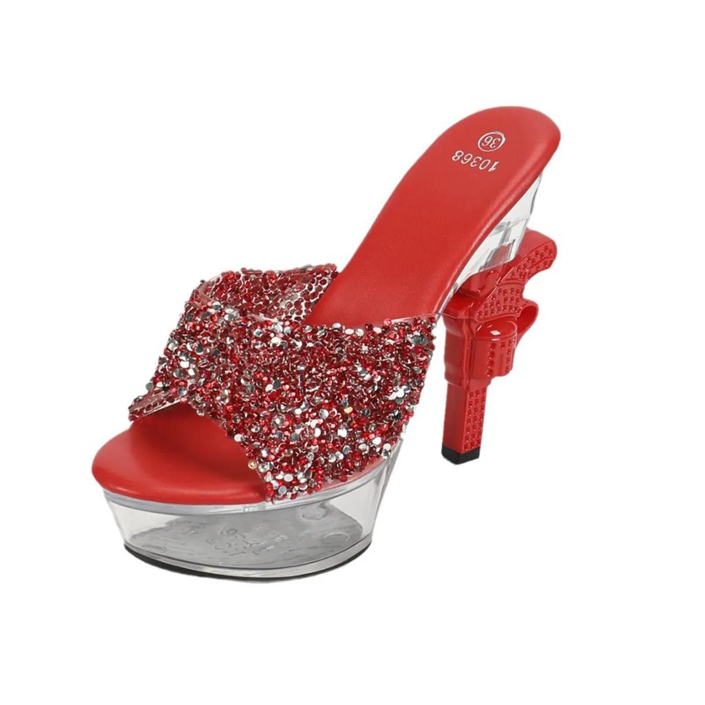 Sexy Summer Wedding Crystal Asymmetric Platform Slippers Transparent Open Toe Women Model Car Show High Heels 34-43cm
