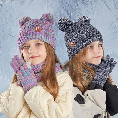 Novo conjunto de chapéus e luvas para crianças, chapéu de malha colorido fofo de urso, além de capuzes quentes de veludo para meninas, acessórios para bebês ao ar livre
