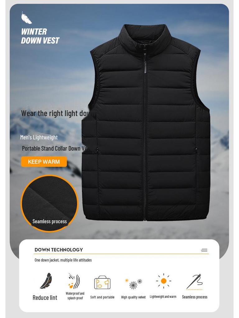 Men's Autumn/Winter Lightweight Down Vest with Stand-Up Collar - Large Size, Loose Fit