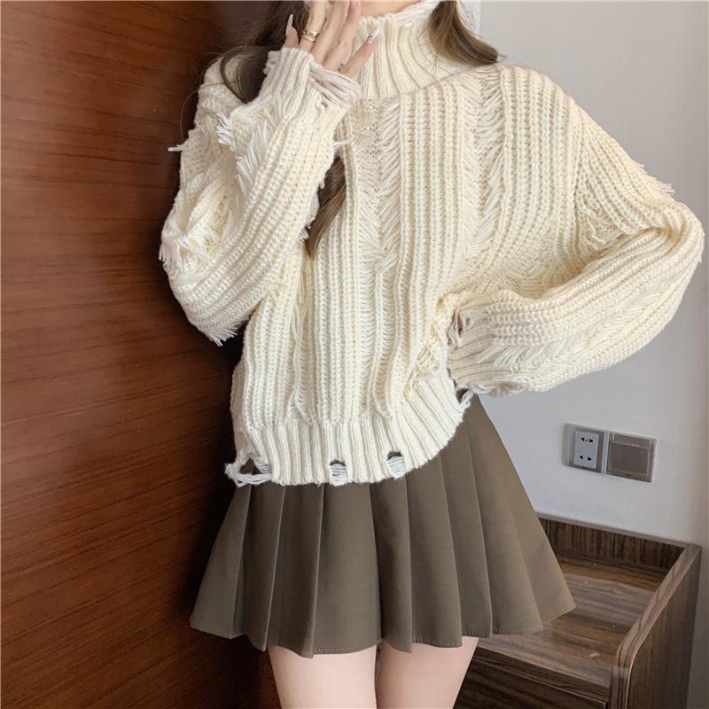 Design Sense Tassel Hole High Neck Sweater Elegant Woman Pullover Fall and Winter Warm Knit Sweater Tops Comfortable and Versatile