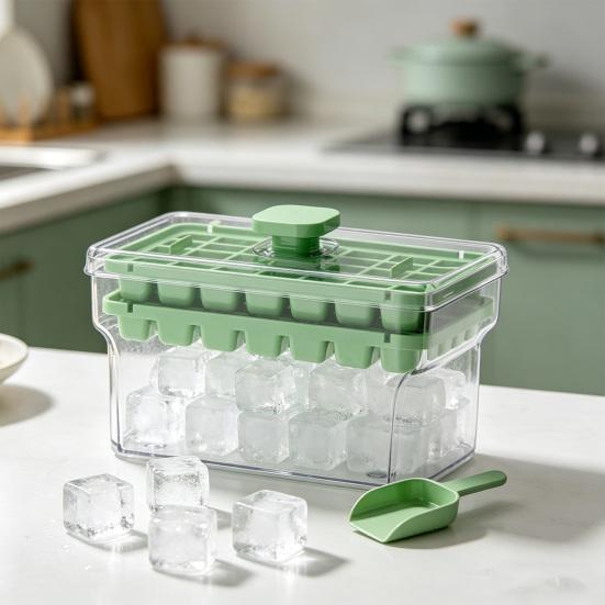 Eiswürfelform mit Schaufel und Aufbewahrungsbehälter 34/68 Fächer Eiswürfelform Ein-Knopf-Schnellentleerung BPA-frei Eiswürfelbereiter für Gefrierschrank und