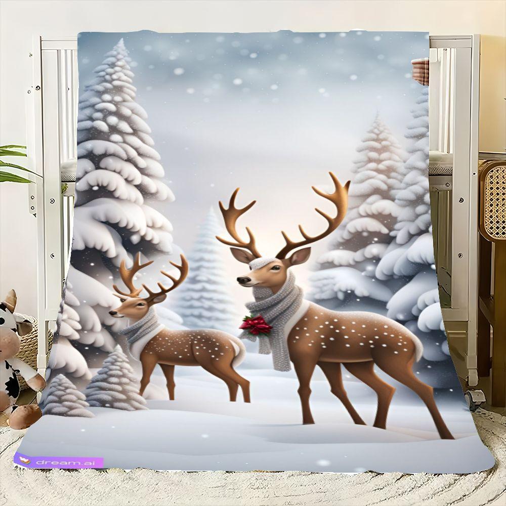 Winter Wonderland Hert Knusse Fleece Deken - Zacht Sneeuwachtig Bosontwerp met Schattige Bruine Herten met Grijze Sjaals - Perfect vo