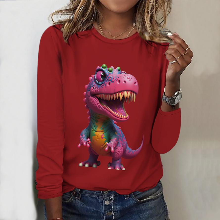 Tops For Women Cute Dinosaur Print Round Neck Long Sleeve T-shirt Fall Casual Slim Pullover Women's Long Sleeve Top