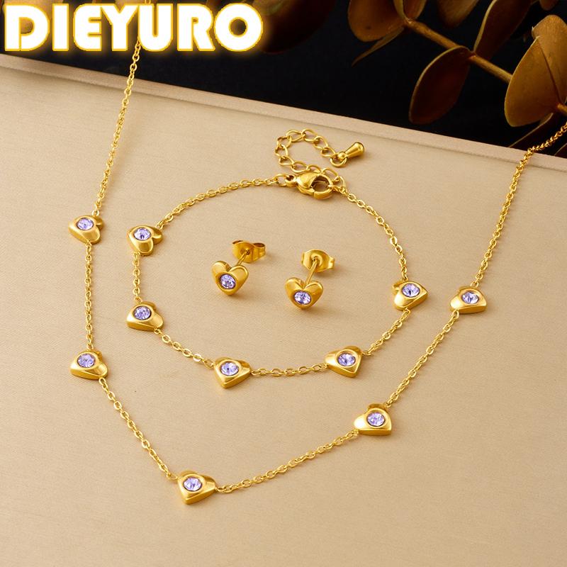 DIEYURO 316L Stainless Steel Golden Heart Inlay Round Purple Zircon Necklace Earrings Bracelet Set Lady Trend Luxury Jewelry