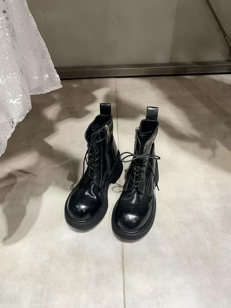 

Cowhide~ Su Yinyin s same washed horse leather lace-up thick heel locomotive boots outdoor short boots women s thick-soled Martin boots 34