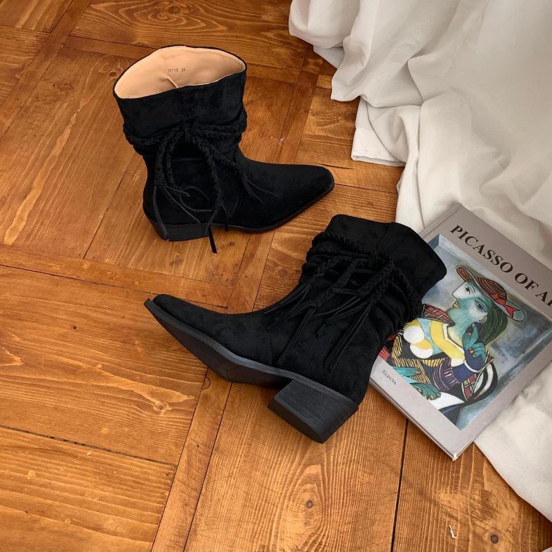

Retro Wasteland Fringed Knight Boots Women s 2025 Autumn and Winter New Thick Medium Heel Medium Boots Skinny Pile Boots Women 39 чёрный
