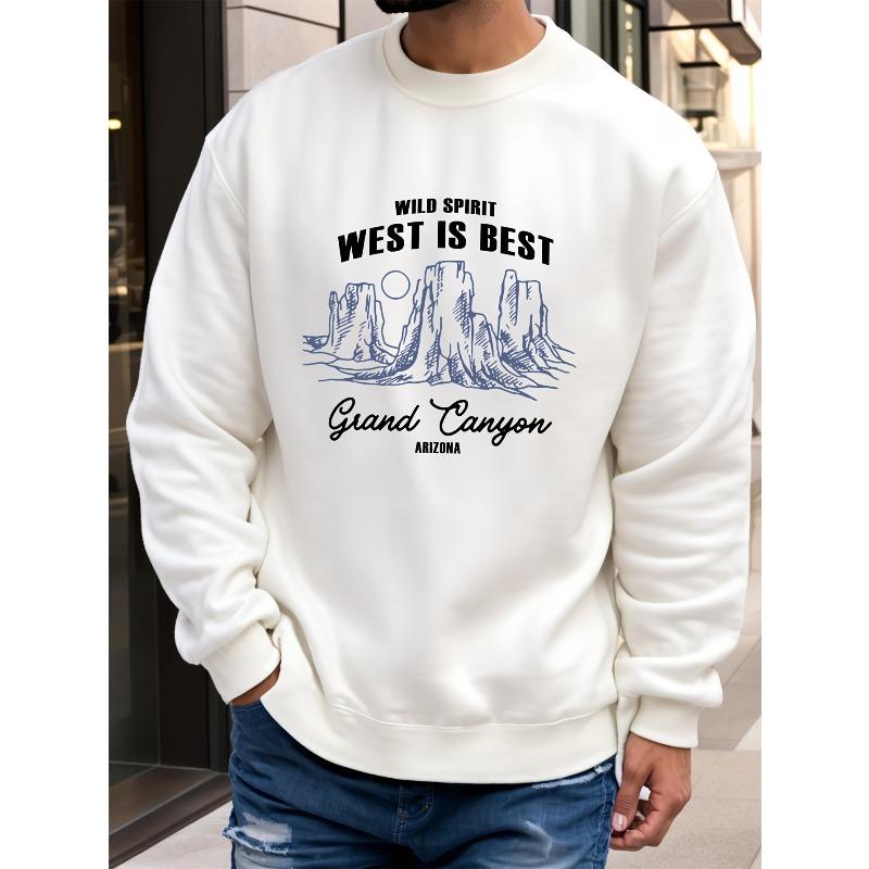 Men's Casual Canyon & Letter Print Long Sleeve Sweatshirt Comfy Polyester, Round Neck Pullover for Casual Attire