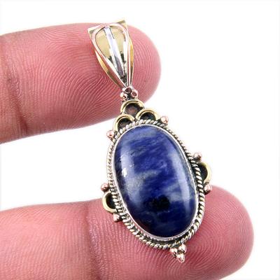Natural Sodalite Gemstone 925 Solid Sterling Silver Two Tone Pendant 1.50" K0U30