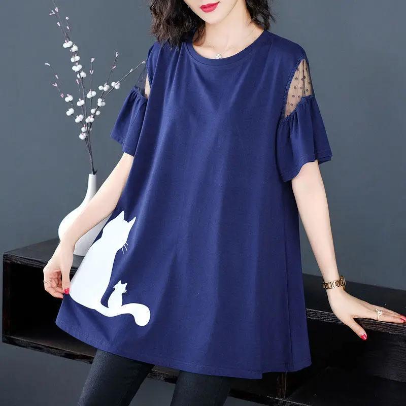 

Женская футболка средней длины с короткими рукавами, летние свободные верхние аксессуары XL синий