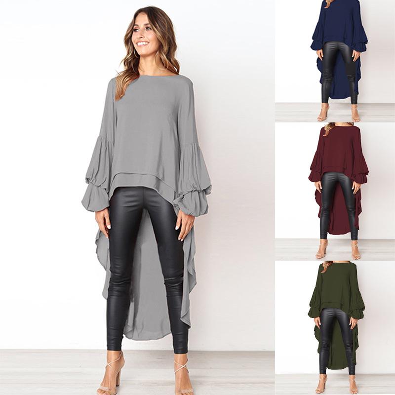 Women's Fashion Long Sleeved Irregular Chiffon Shirt Round Neck Trumpet Sleeves Shirt Solid Color Loose Office Blouse Elegant Blouse