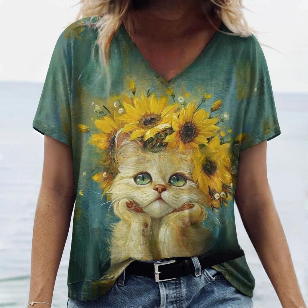 T-Shirts Women's Fashion T-Shirt Cat Print Casual Comfort Short Sleeve Crew Neck Pullover Clothing