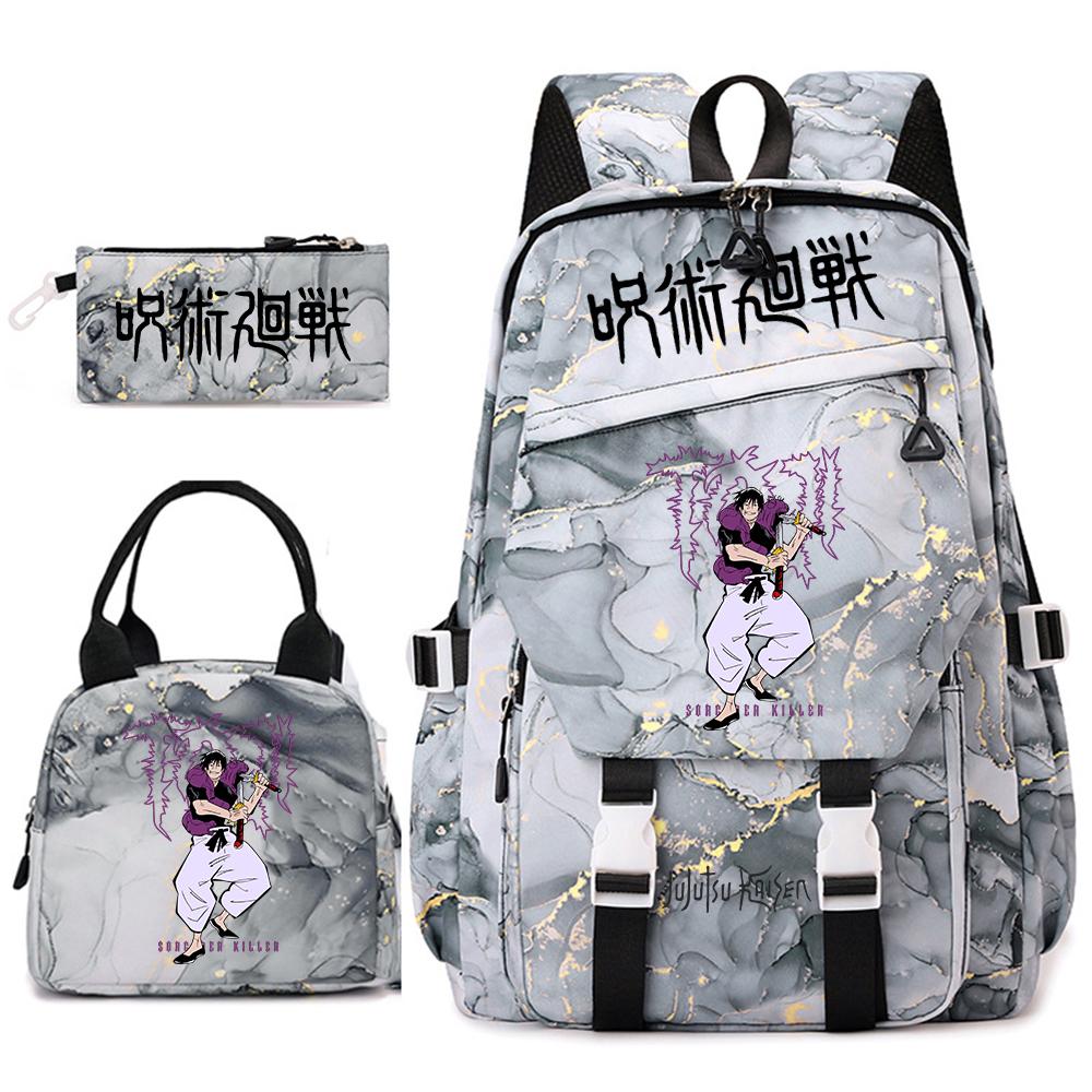 Anime Jujutsu Kaisen Backpack Set for Girls 3pcs School Bookbag Lunch Bag Pencil Case Casual Travel Rucksack