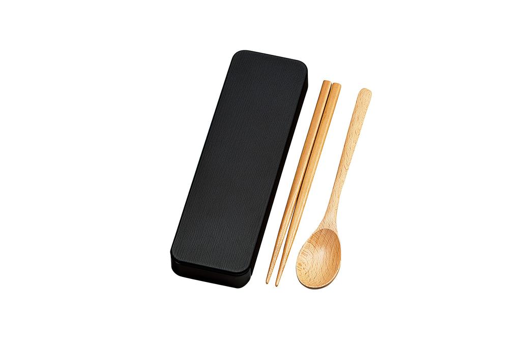 Tatsumiya Wood Grain Slide Spoon Chopsticks Matte Bento 333503 18.0 & Set, Black, "Bentwood Box, Monotone"