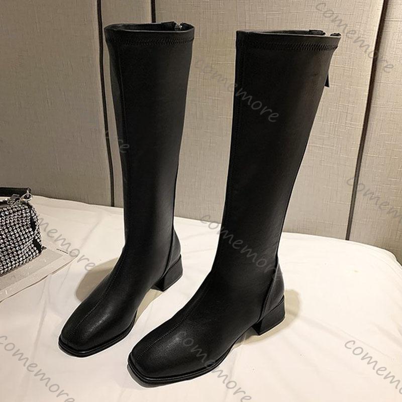 Fashion Comemore Thick Low Heel Knight Knee Boots Women Elegant Shoes Solid Color Spring Autumn Soft Leather Long Botas Large Size 43