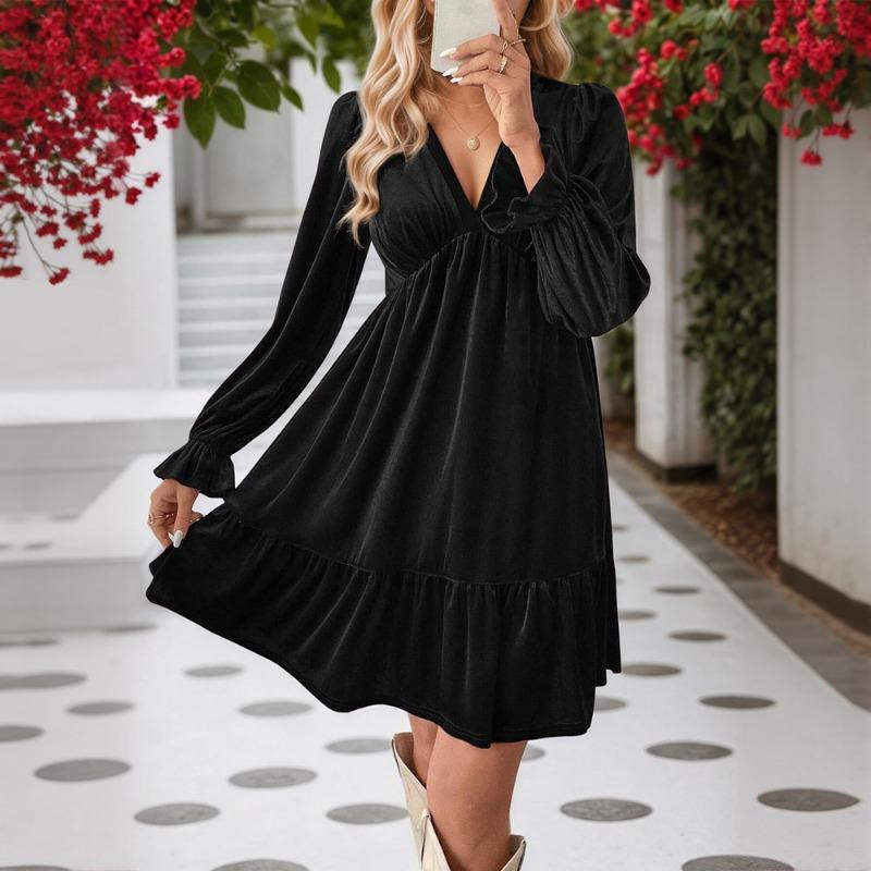 Women Elegant Velvet V Neck Long Sleeve High Waist A Line Short Dress