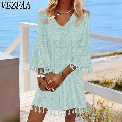 Women's Fashion Spring Fall Solid Color Print Long Sleeve V-Neck Loose Waistline Casual Dresses