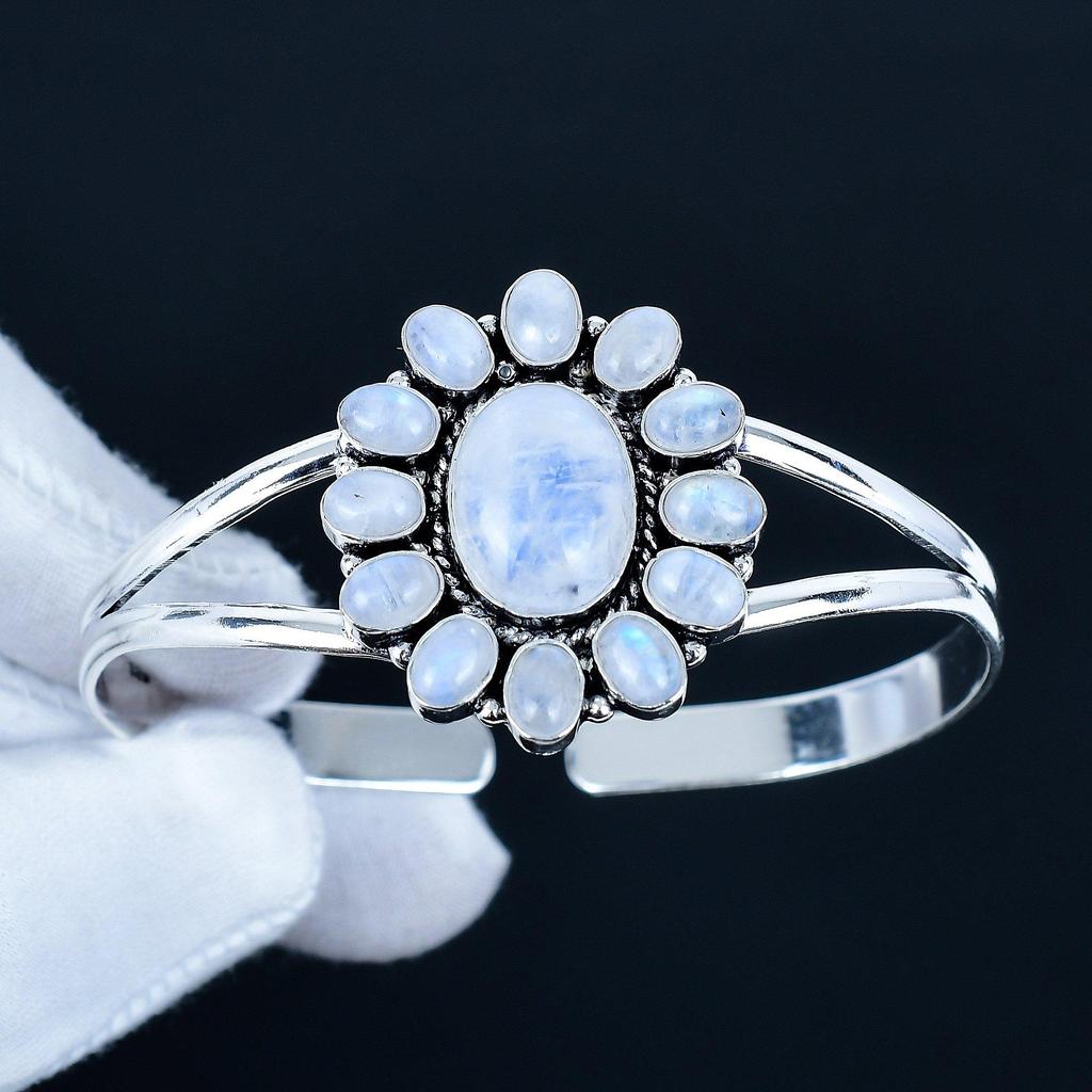 Piatră prețioasă Piatra Lunii Curcubeu Brățară Manșetă Handmade Argint Sterling 925 Brățară Manșetă, Brățară Formă Floare Piatra Lunii Curcubeu Pentru Soție, Brățară Unisex