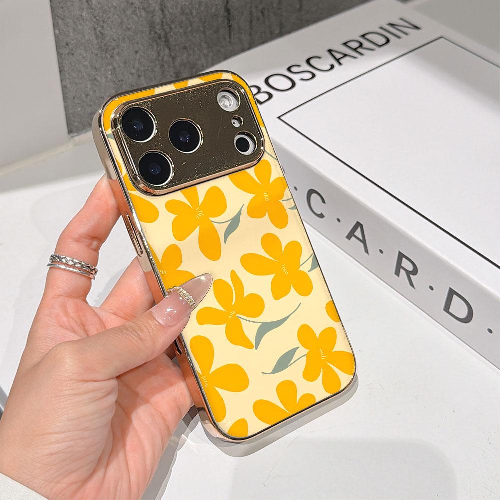 Lucky Start Phone Case For iPhone 17 16 15 14 13 12 11 Pro Max 16E Gold Electroplated Glass Shell Sunny Blossoms Cover