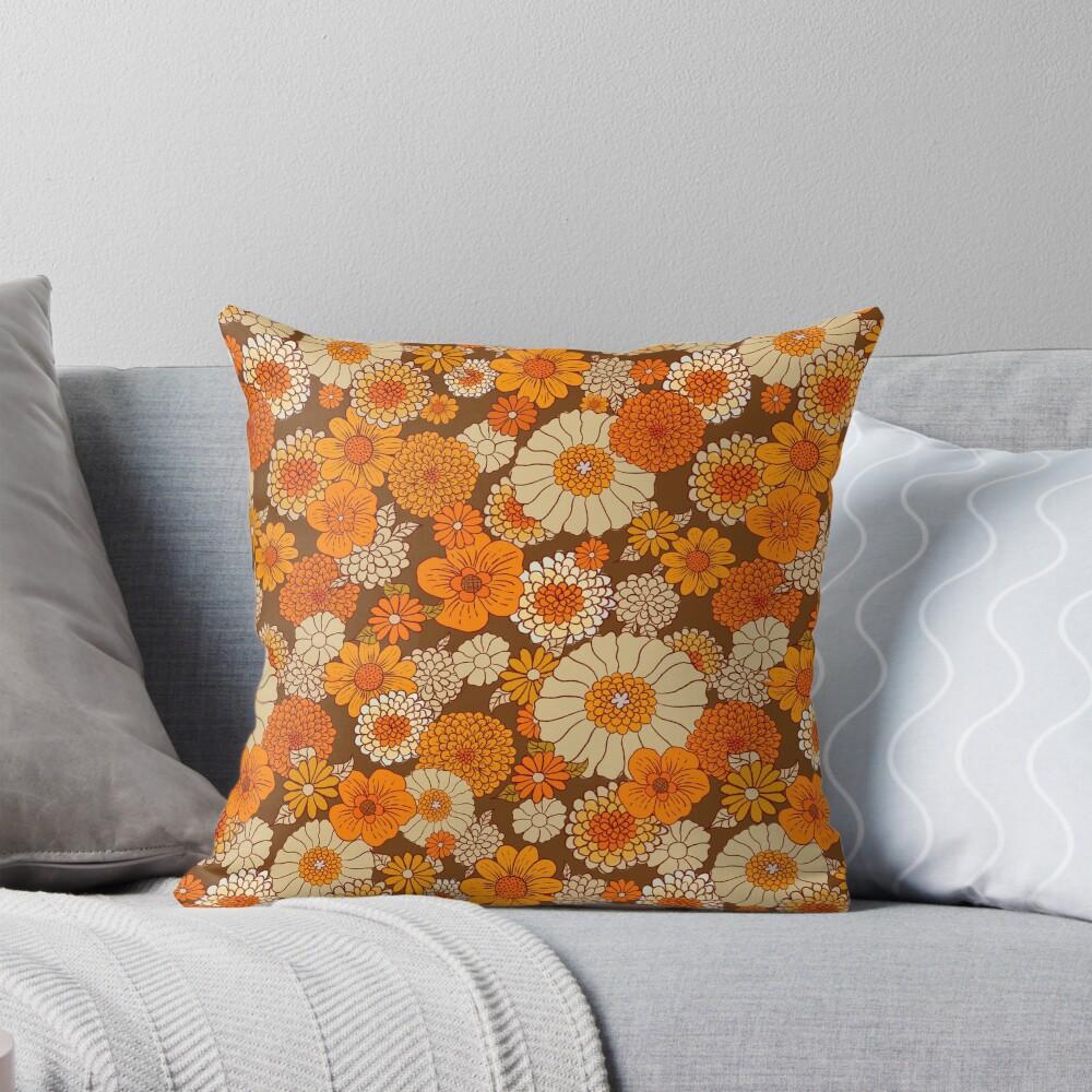 70s retro daisies, vintage flower power, orange and brown, boho, Throw Cushions & Pillows Without core