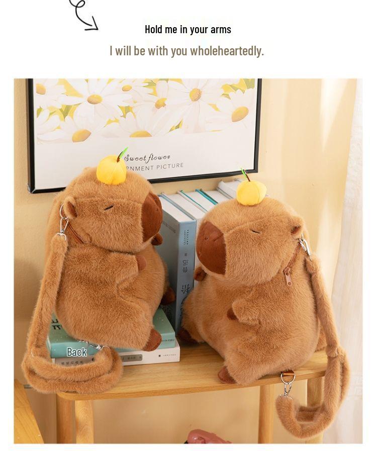 Capybara Cartoon Orange Plush Backpack: Women's Large Fuzzy Double Shoulder Bag
