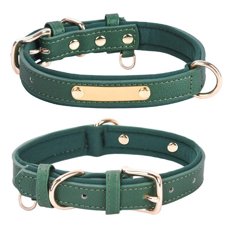 Pet Collar Vintage PU Leather and Breathable Space Cotton Double D-Ring Engravable Nameplate Dog Leather Collar