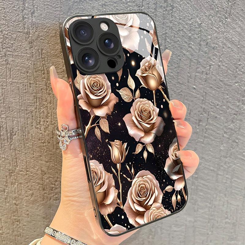 

Gradient Glitter Rose Pattern Tempered Glass Phone Case For iPhone 17 16 15 14 13 12 11 Pro Max 17Air 16E 7 8 Plus XR XS X Cover iPhone 8