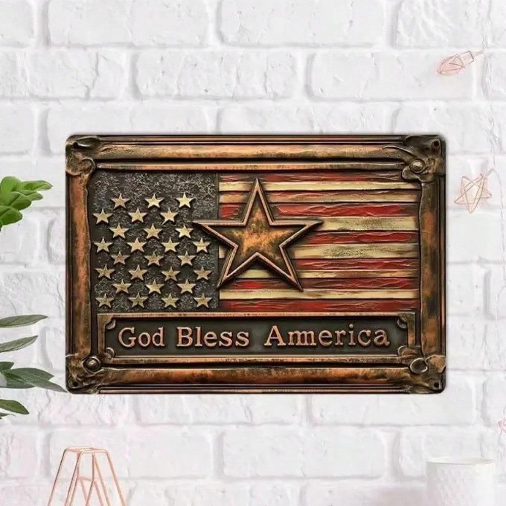 Vintage America Tin Sign Patriotic Red Blue Metal Wall Decor Home Garden Memorial