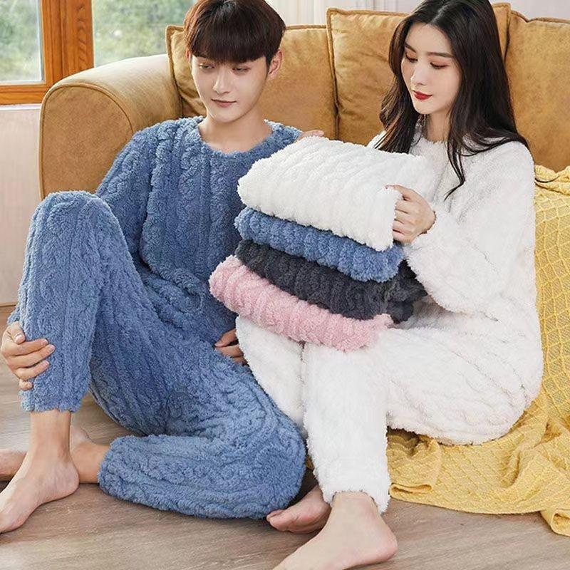 2024 Unisex Winter Jacquard Flannel Set - Thick Warm Home Wear for Couples