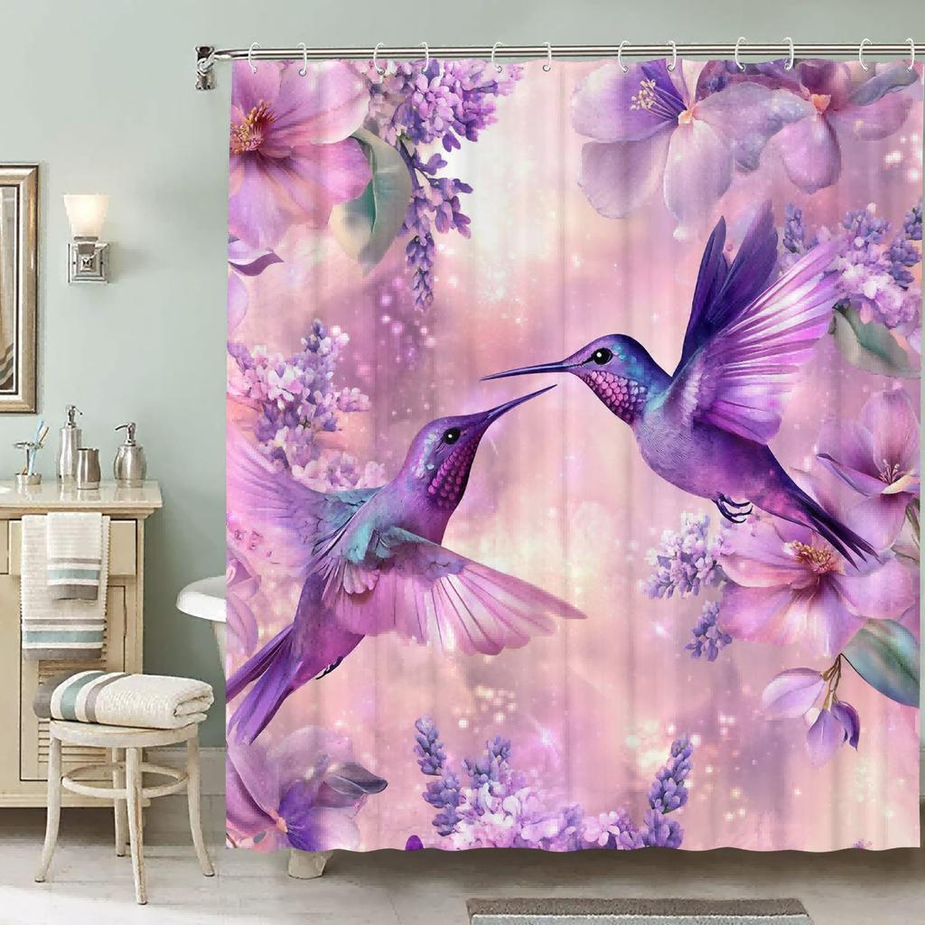Waterproof Hummingbird Shower Curtain With 12 Hooks - Purple Floral Pattern Print Art Bathroom Decor - Machine Washable