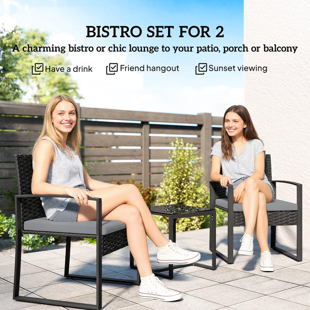 Rattan Bistro Set, 3 Piece Garden Furniture Set with Glass Top Table and Cushions, Light Grey