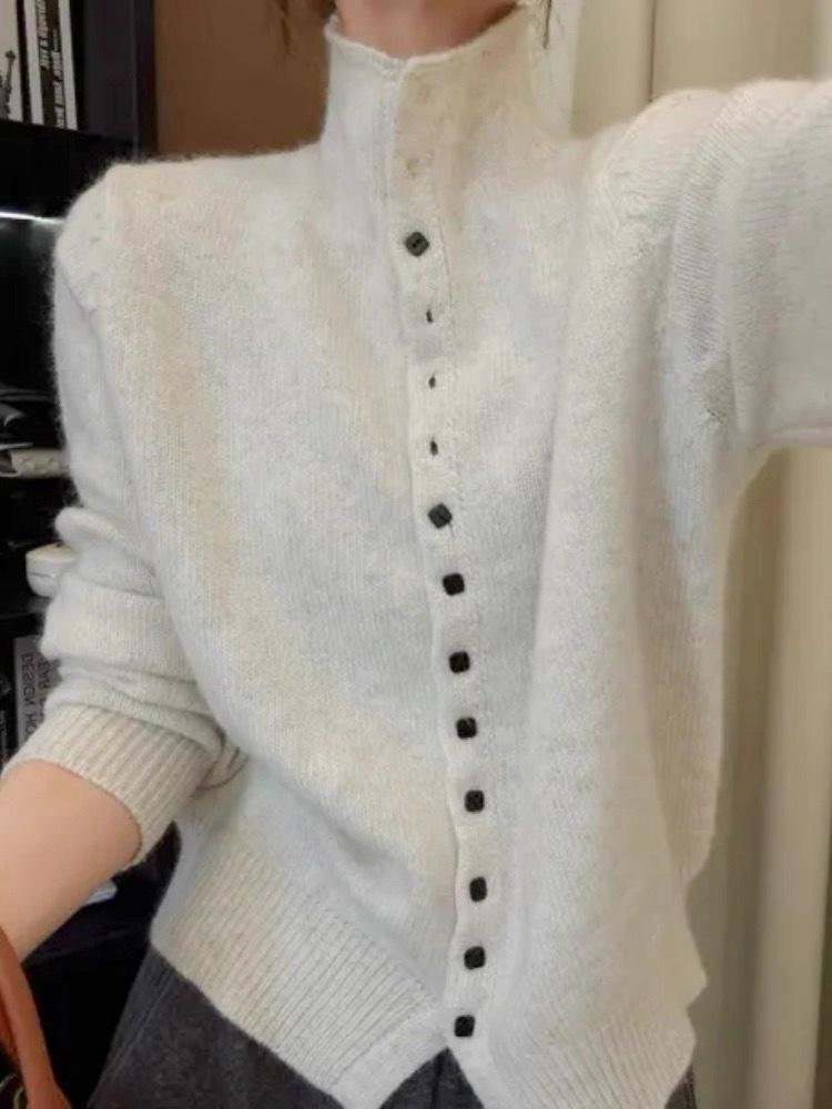 Elegant 100% Wool Stand Collar Sweater Cardigan for Women - Chic and Casual Niche Style