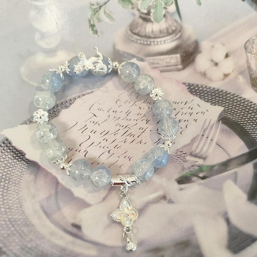 Forest Butterfly Glass Bracelet with Ice-Cracked Flower Beads